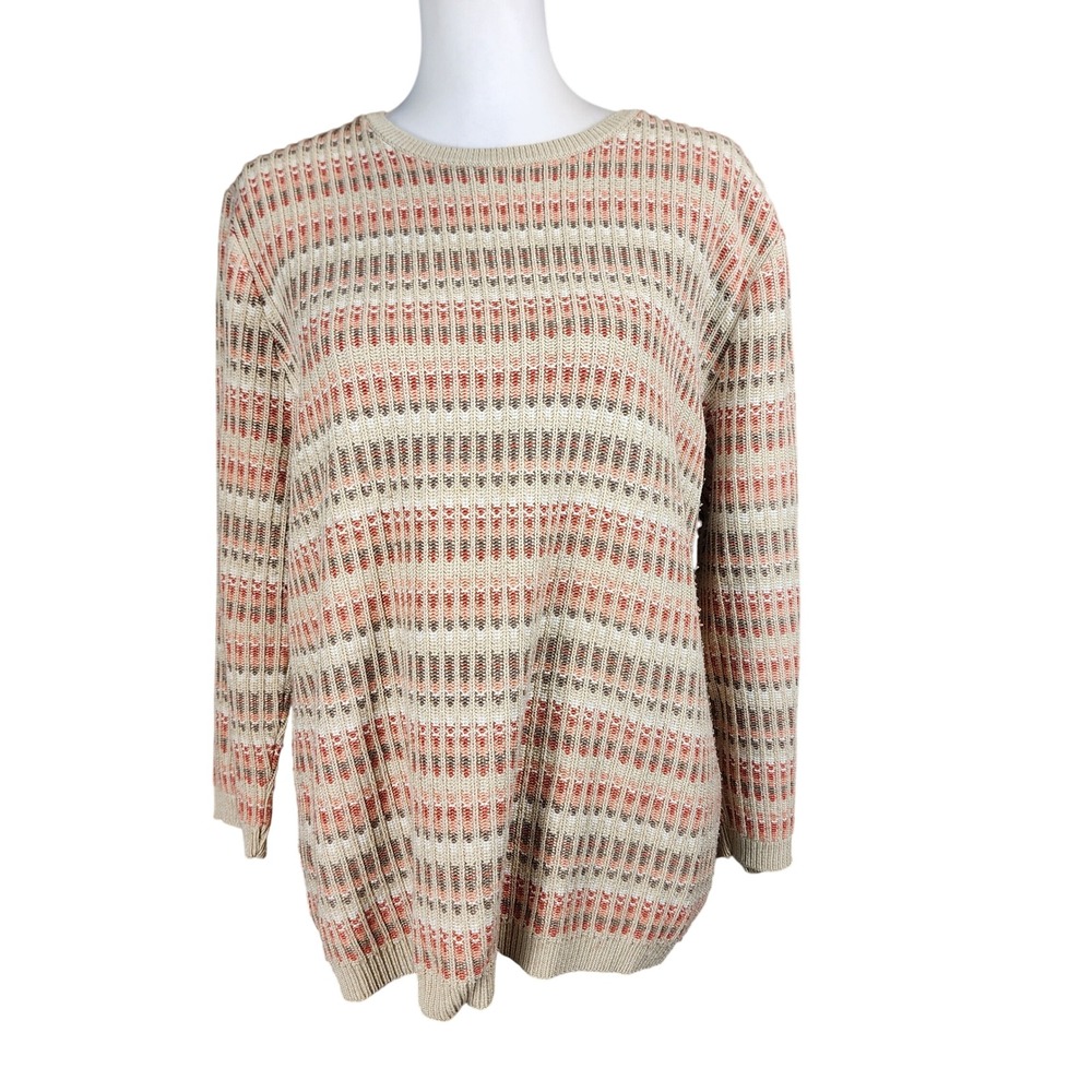 Vintage Alfred Dunner Sweater Womens XL Tan Coral Striped Knit Casual Retro 90s